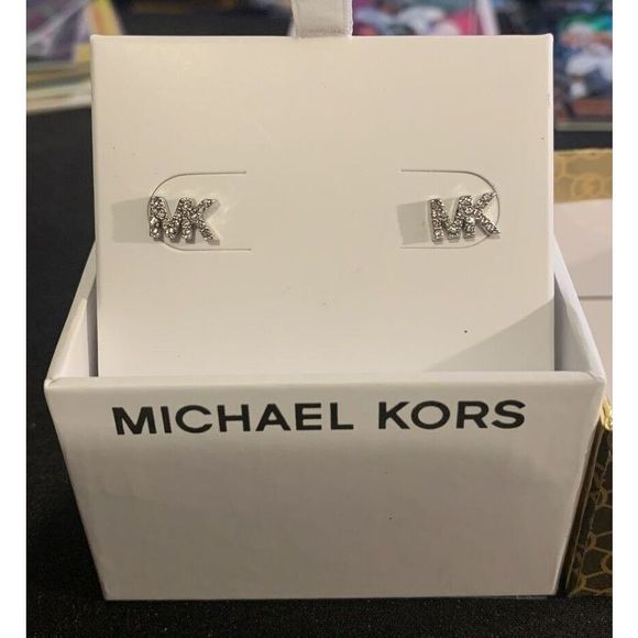 Michael Kors MKJX7633040 MK Logo Stud Earrings Silvertoned Crystal Stud Earrings - Picture 1 of 3